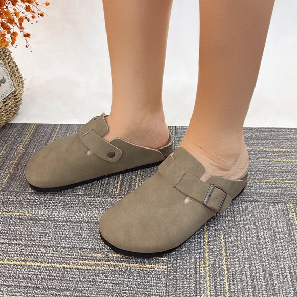 Lurnyet Women Slip On Taupe Suede Clogs with Buckle Closure Sandal - Picture 7 of 8